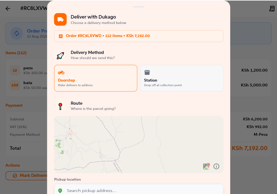 Deliver with Dukago screen showing doorstep and station delivery method choice