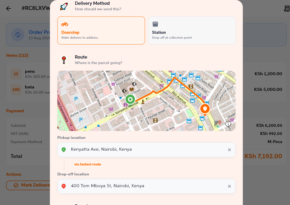 Dukago Business delivery dispatch with address and live fare
