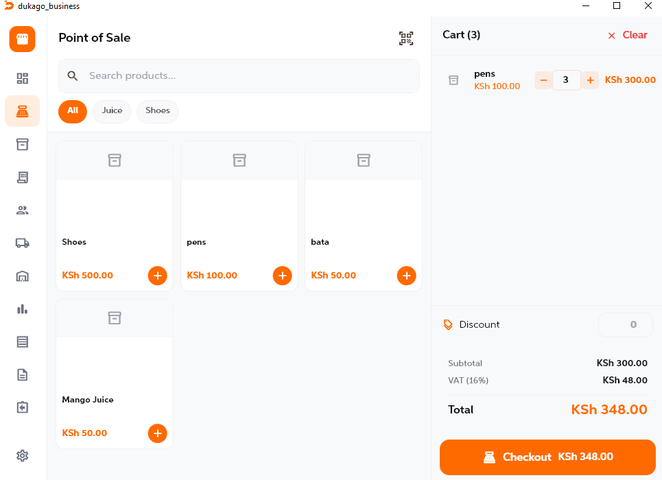 Dukago Business point of sale screen showing product grid and cart